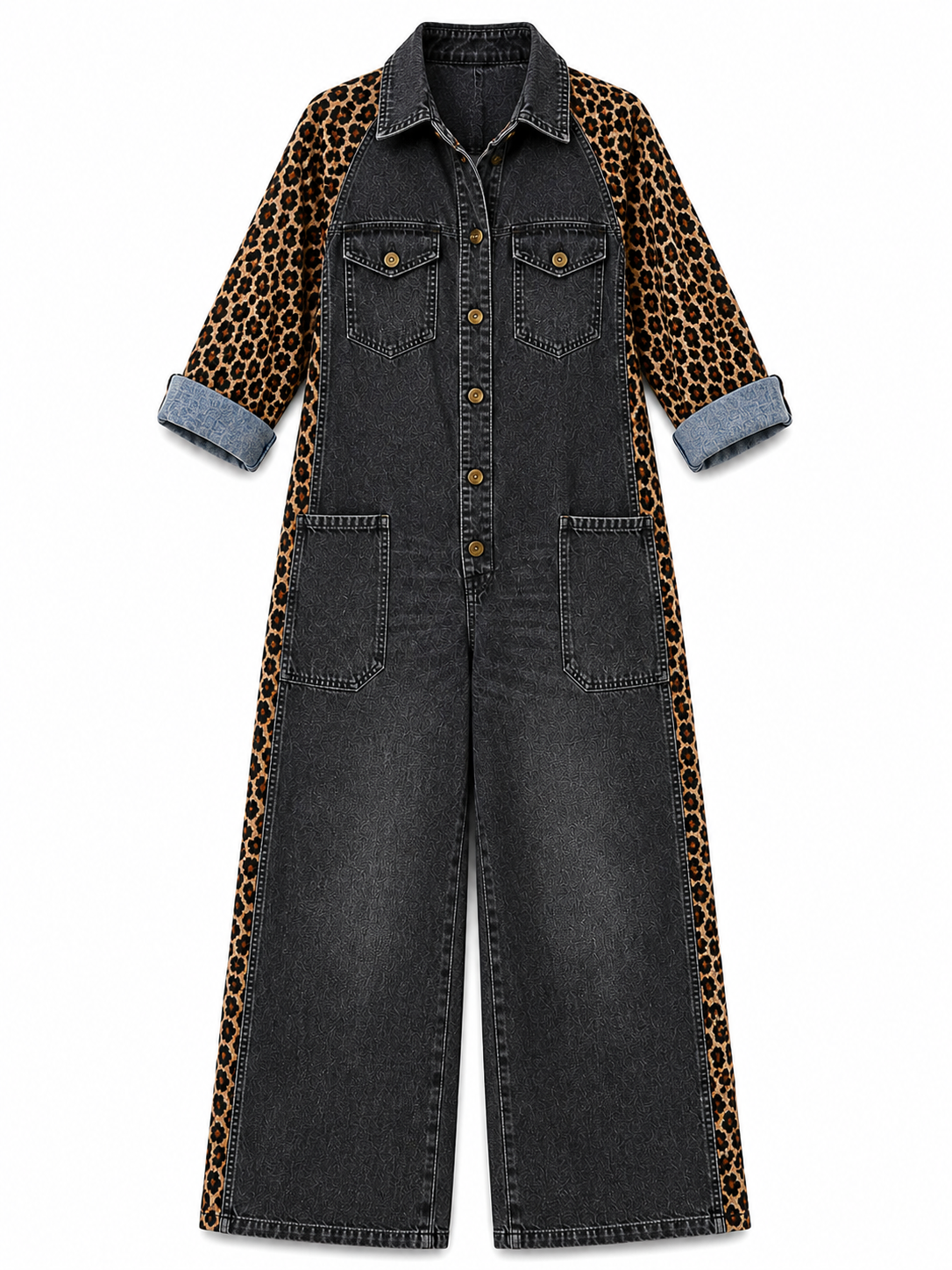 Annalise - Leopard Panel Denim Wide Leg Jumpsuit