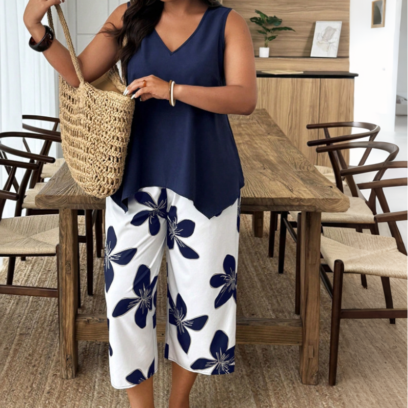 Marissa - Soft-Touch Asymmetric Top & Floral Capri Set