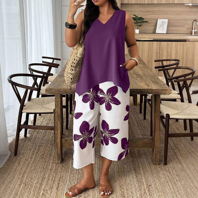 Marissa - Soft-Touch Asymmetric Top & Floral Capri Set