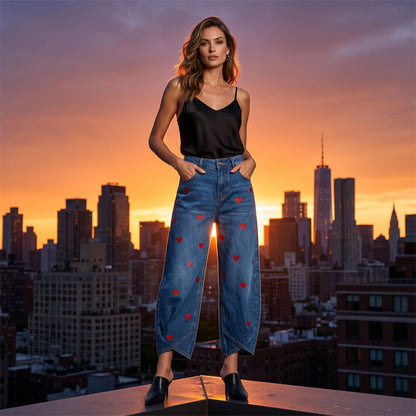 Arabella - Heart Print Barrel Leg Jeans
