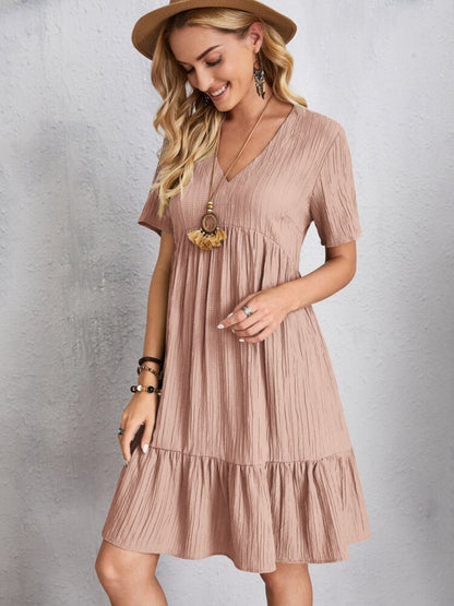 Belinda - Textured V Neck Tiered Mini Dress