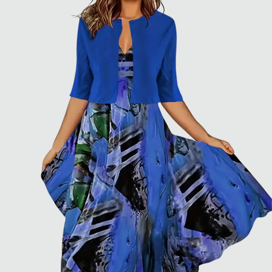 Phaeline - Printed Midi Dress and Cardigan Set