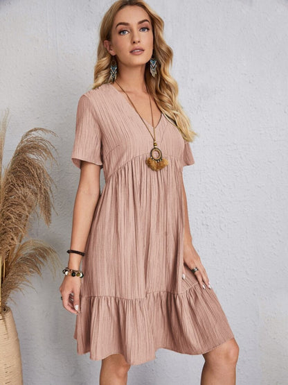 Belinda - Textured V Neck Tiered Mini Dress