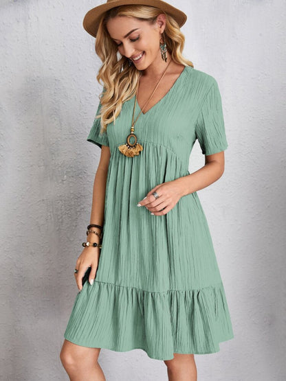 Belinda - Textured V Neck Tiered Mini Dress