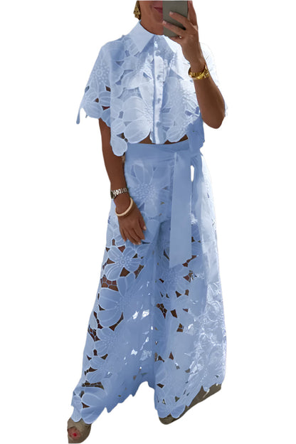 Celessia - Floral Lace Blouse and Wide Leg Trousers Set