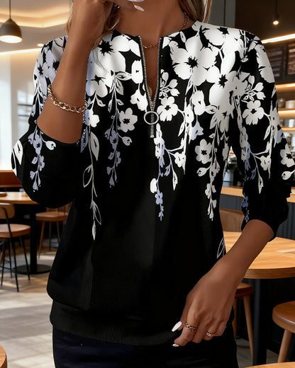 Brisella - Zip Up Floral Blouse