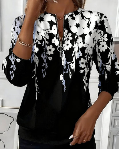 Brisella - Zip Up Floral Blouse