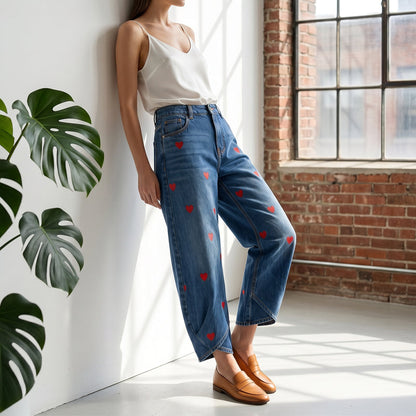 Arabella - Heart Print Barrel Leg Jeans