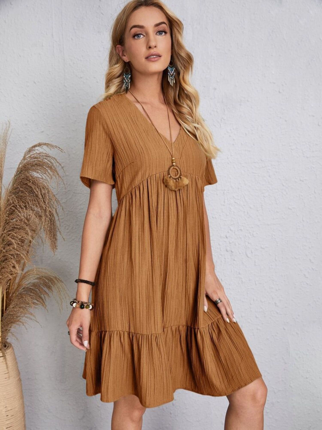 Belinda - Textured V Neck Tiered Mini Dress