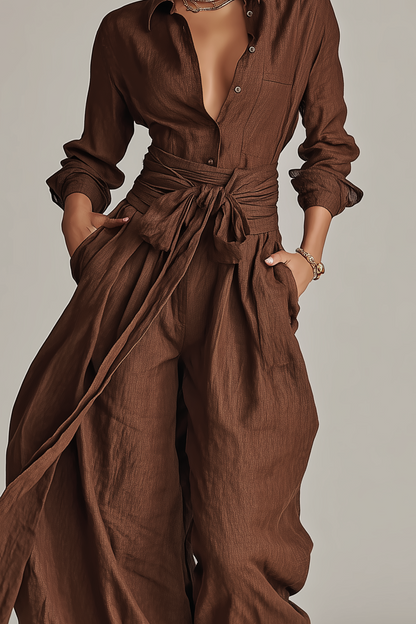 Primalyn - Lightweight Button-Up Top & Wide-Leg Pants Set