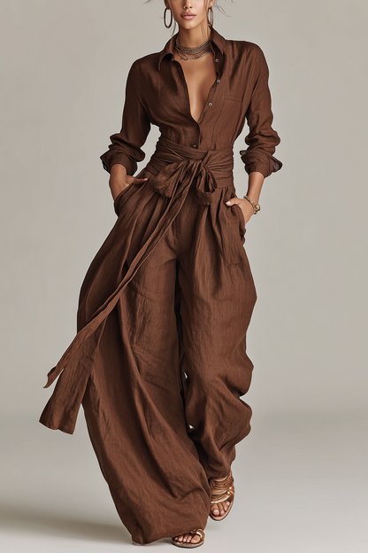 Primalyn - Lightweight Button-Up Top & Wide-Leg Pants Set