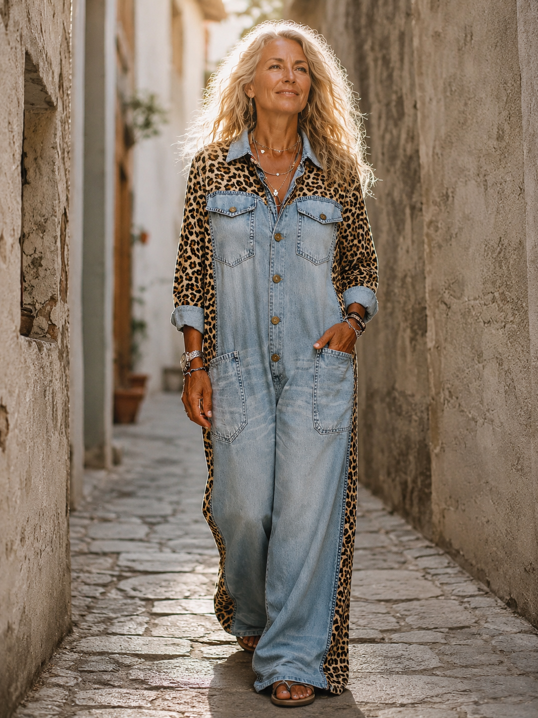 Annalise - Leopard Panel Denim Wide Leg Jumpsuit