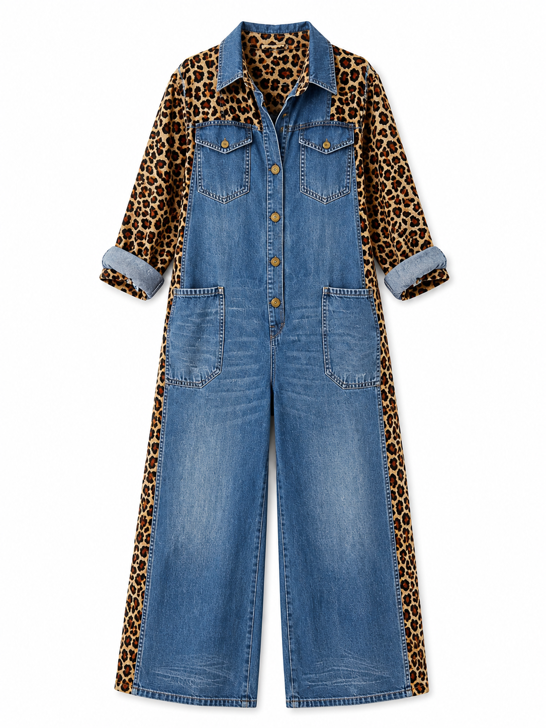 Annalise - Leopard Panel Denim Wide Leg Jumpsuit