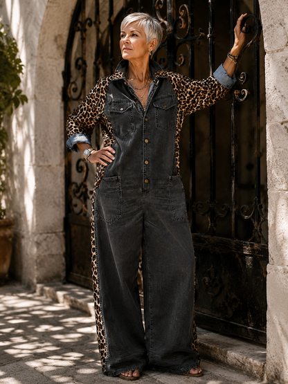 Annalise - Leopard Panel Denim Wide Leg Jumpsuit