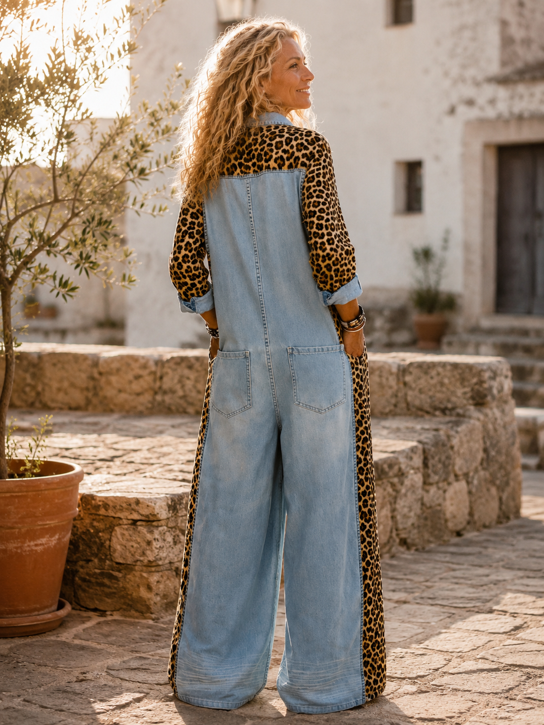 Annalise - Leopard Panel Denim Wide Leg Jumpsuit