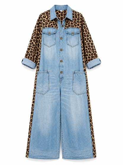 Annalise - Leopard Panel Denim Wide Leg Jumpsuit